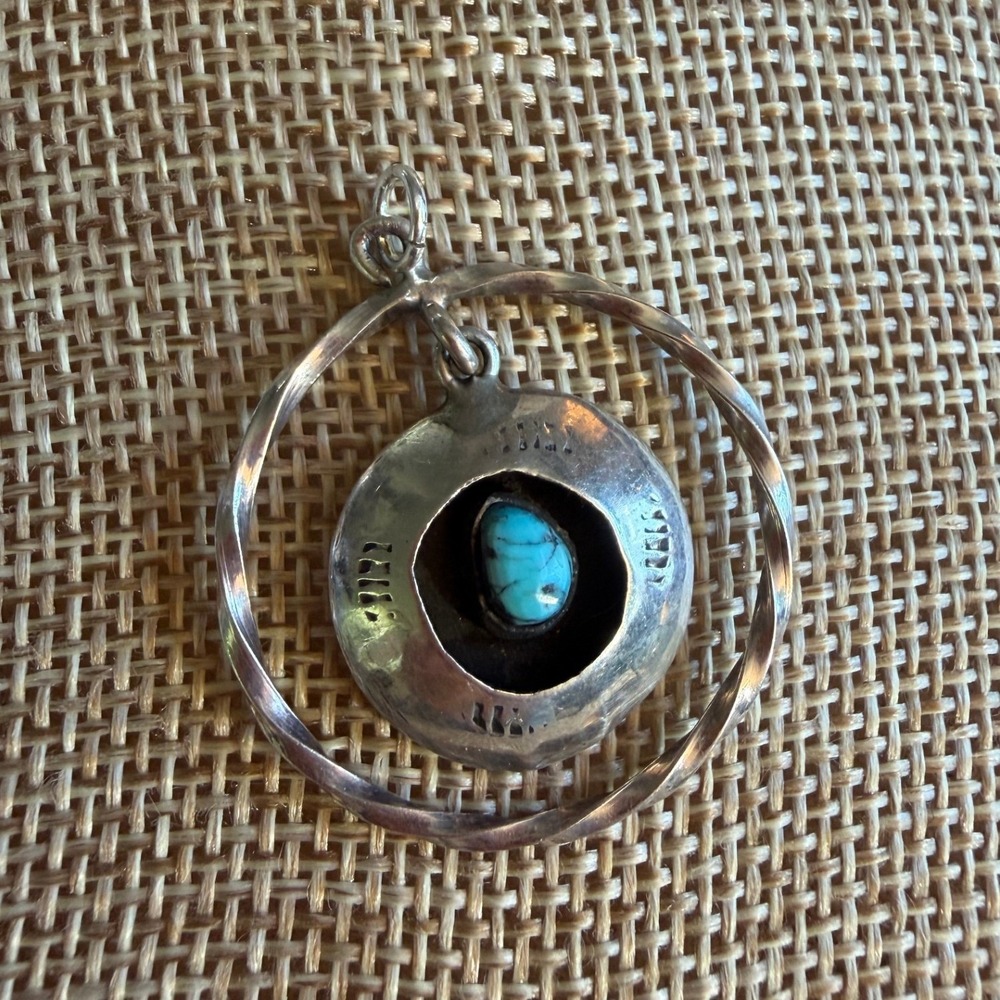 Vintage Native Style Sterling Silver Turquoise Shadow Box Dangle Hoop Pendant